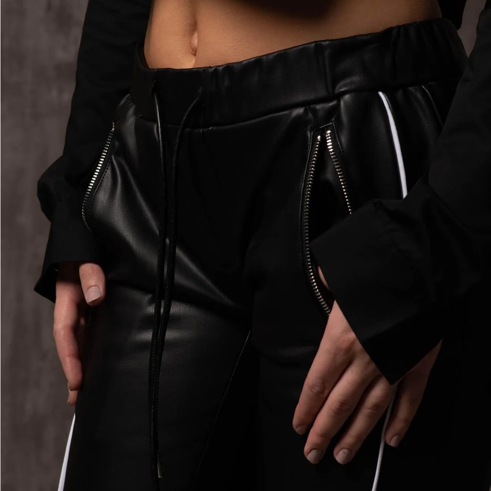 Milano Di Rouge Black Faux Leather Pants with White Accents